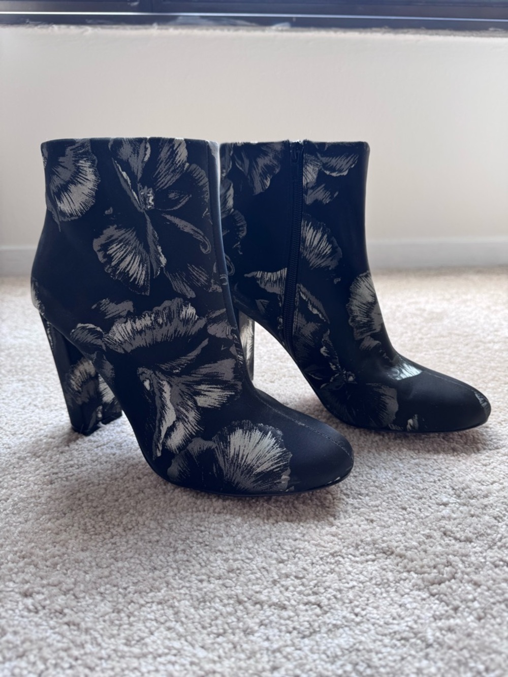Floral Print Black Ankle Booties with Side Zip